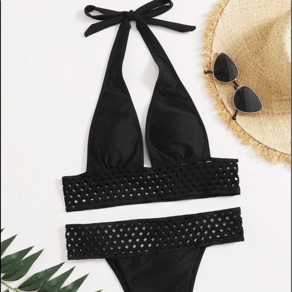Black Cut-Out Halter Bikini Swimwear Bathing Suit - Picture 1 of 6